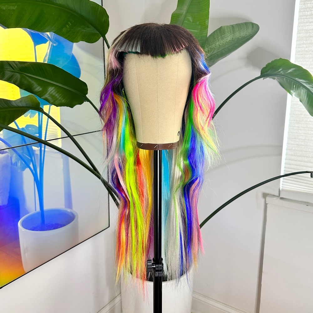Brown Mullet Wig with Rainbow Fusion + Highlights